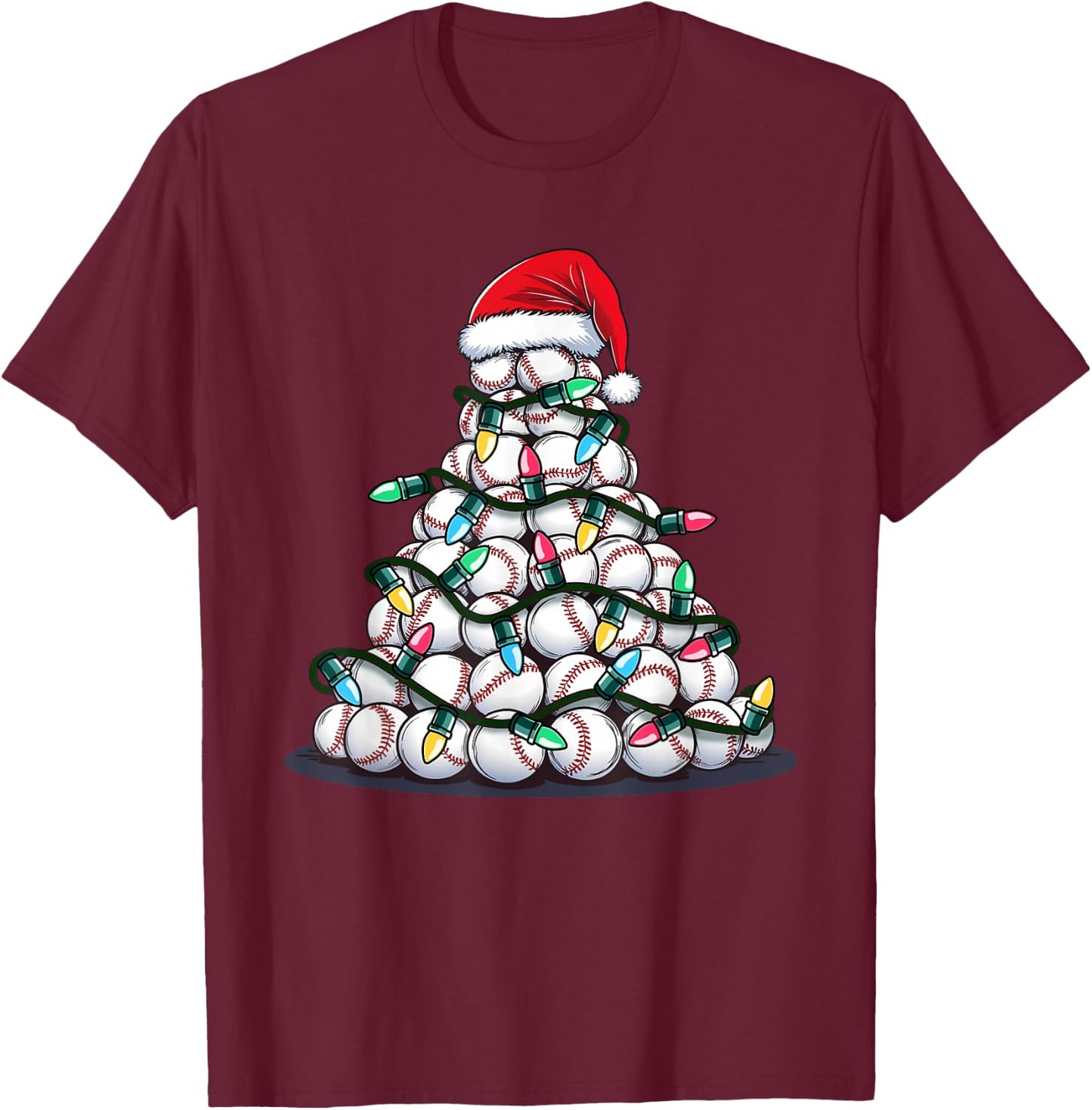 Baseball Christmas Tree Men Boys Youth Santa Sports T-Shirt - T-Shirt | Maroon