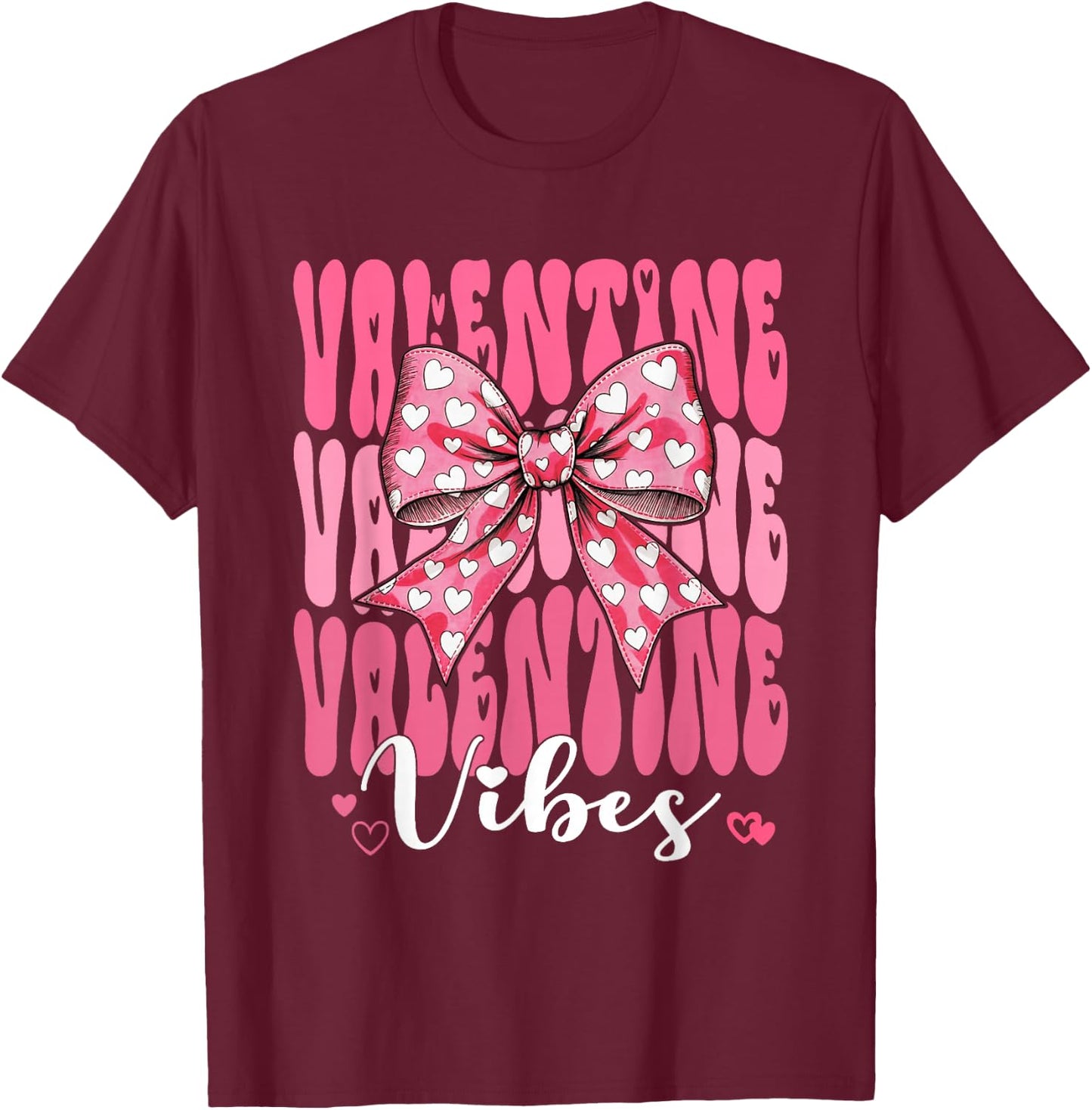 Retro Groovy Heart Coquette Bow Valentine Vibes Women Girl T-Shirt - T-Shirt | Maroon