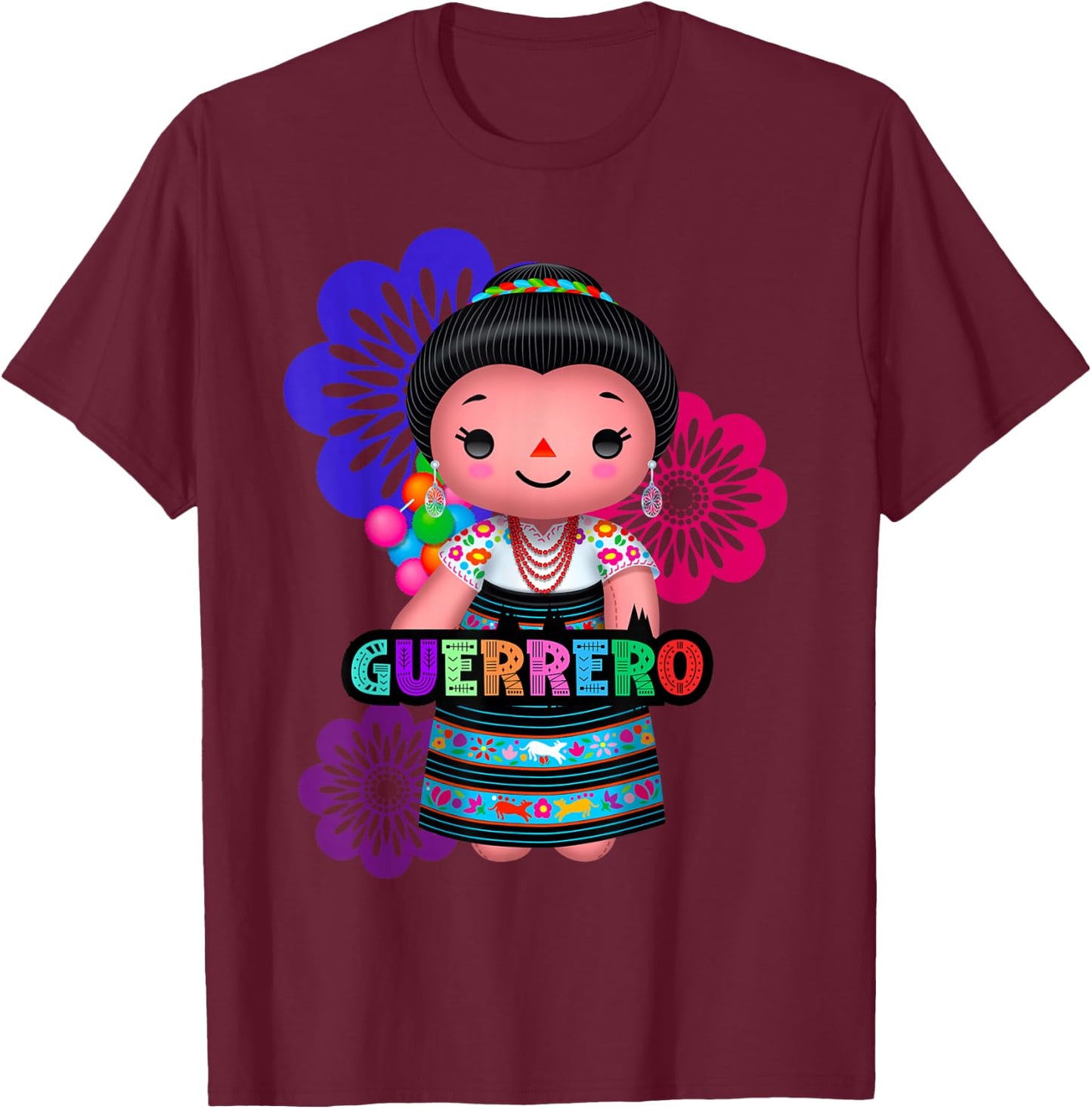 Guerrero Muñeca Lelé Maria Handmade Mexicans Artesanal T-Shirt - T-Shirt | Maroon