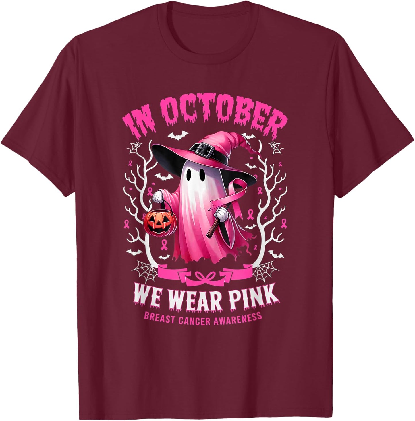 In October We Wear Pink Ghost Witch Breast Cancer Awareness T-Shirt - T-Shirt | Maroon