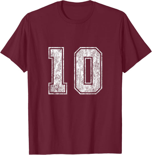 Number 10 Vintage Ten Sports Design T-Shirt - T-Shirt | Maroon