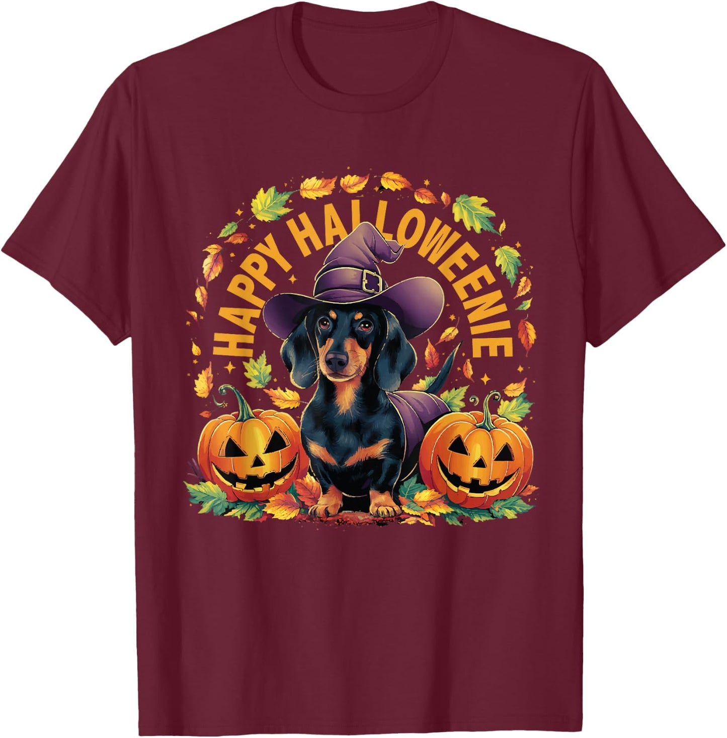 Happy Halloweenie Dachshund Halloween T-Shirt - T-Shirt | Maroon