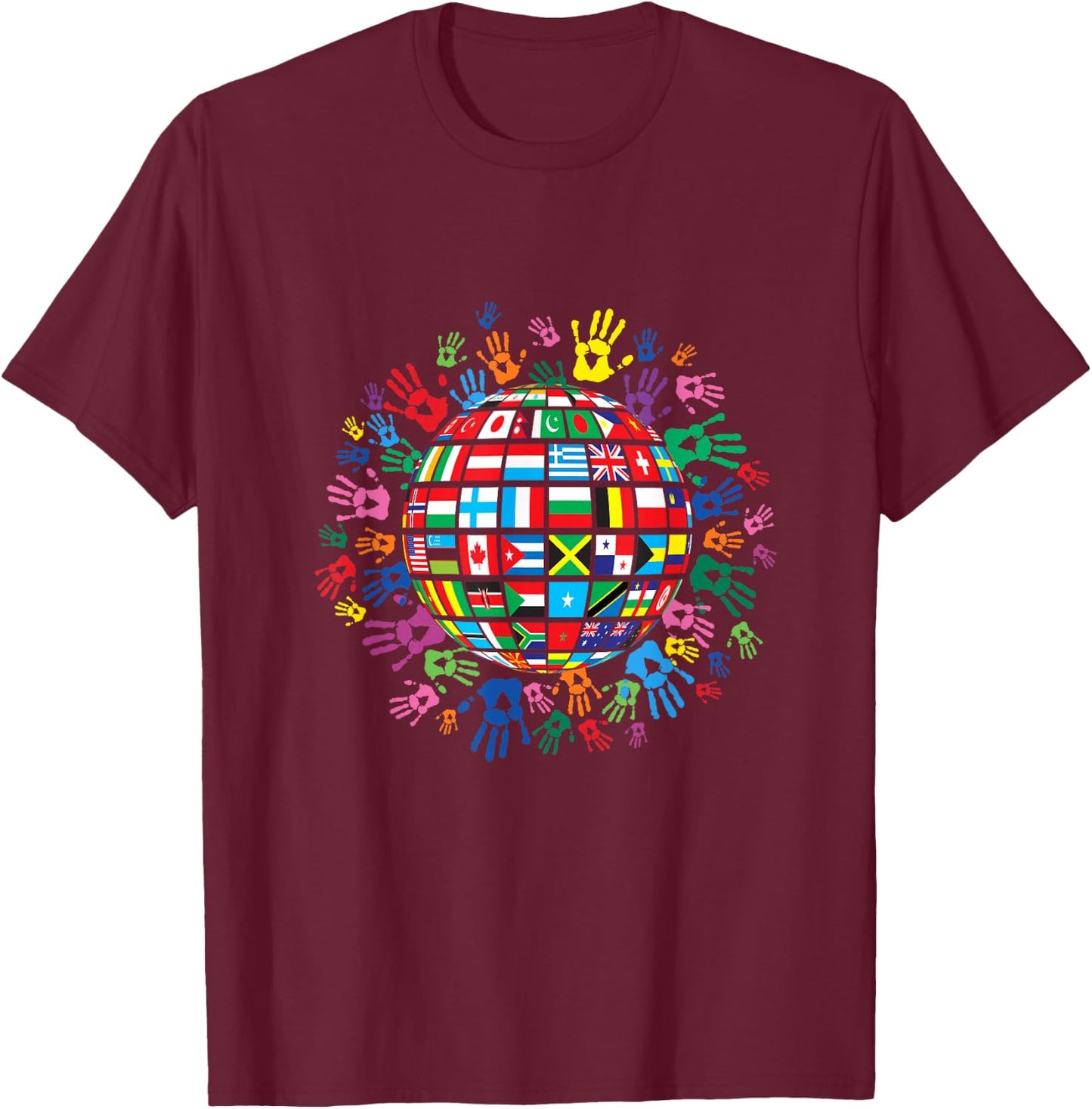 Flags of the World with Colorful Handprints T-Shirt - T-Shirt | Maroon