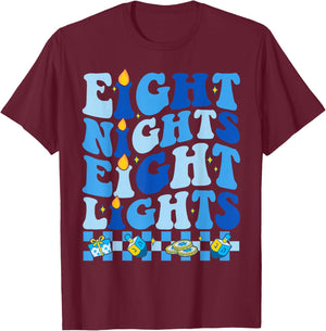Retro Groovy Eight Nights and Eight Lights Happy Hanukkah T-Shirt - T-Shirt | Maroon