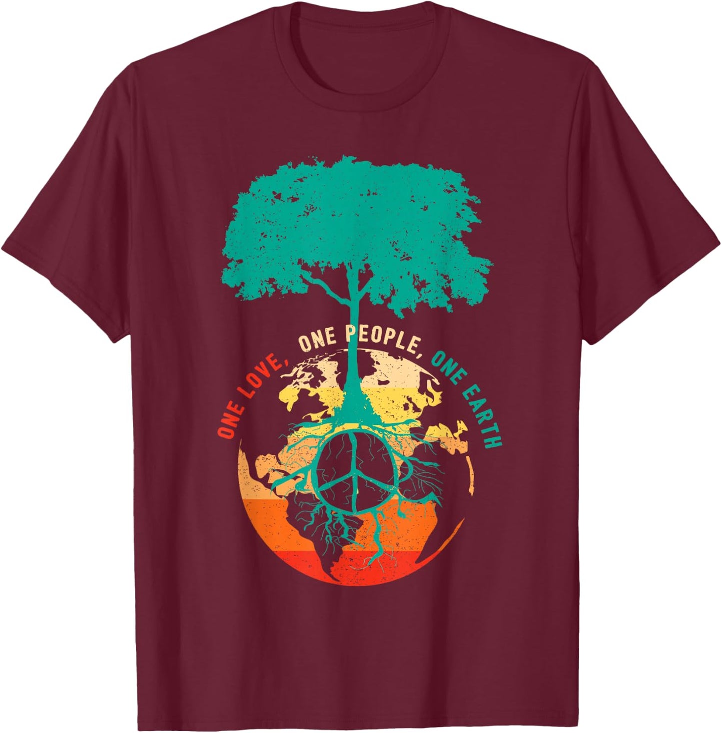 World Peace Tree Love People Earth Day 60s 70s Hip T-Shirt - T-Shirt | Maroon