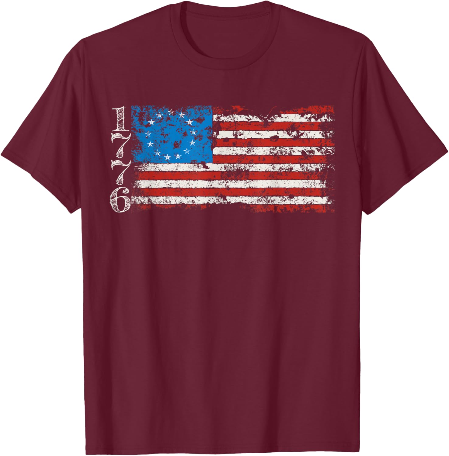 Betsy Ross 1776 13 Stars Distressed USA Patriotic Flag T-Shirt - T-Shirt | Maroon