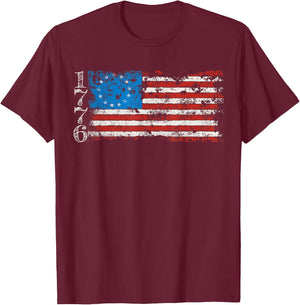 Betsy Ross 1776 13 Stars Distressed USA Patriotic Flag T-Shirt - T-Shirt | Maroon