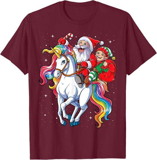 Christmas Santa Elf Riding Unicorn Xmas Girls Women Rainbow T-Shirt - T-Shirt | Maroon