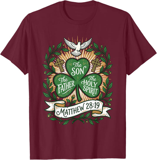 Holy Trinity Shamrock Matthew 28:19 Bible Verse Scripture T-Shirt - T-Shirt | Maroon