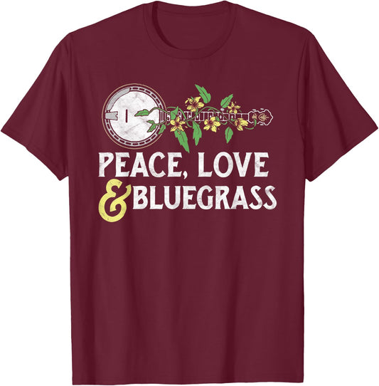 Peace , Love & Bluegrass - Banjo Nature Vines Illustration T-Shirt - T-Shirt | Maroon