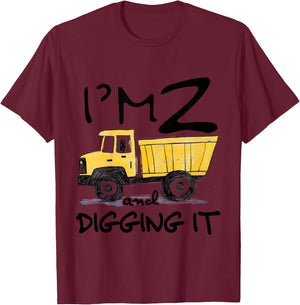 Kids Two Construction 2nd Birthday Gifts Second Boy 2 Years Old T-Shirt - T-Shirt | Maroon