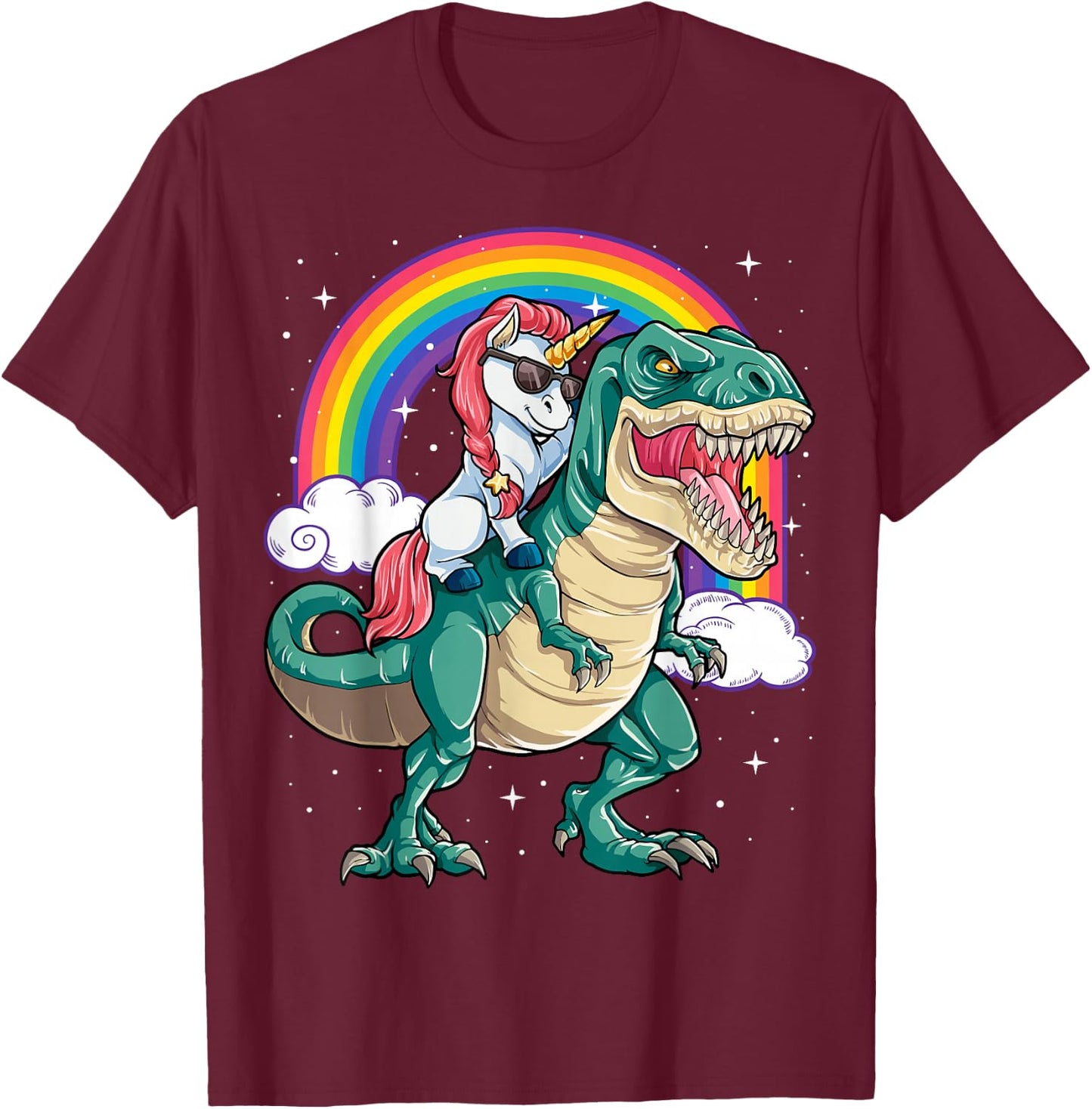 Unicorn Riding T rex Dinosaur Boys Girls Men Women Rainbow Small T-Shirt - T-Shirt | Maroon