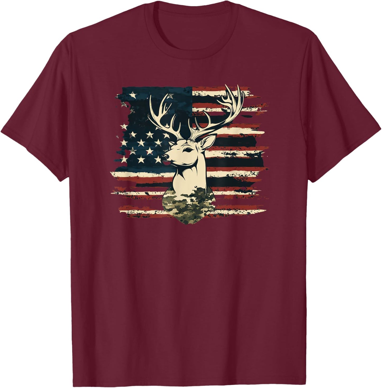 Deer Camo USA Flag Deer Elk Buck Hunting Graphic T-Shirt - T-Shirt | Maroon