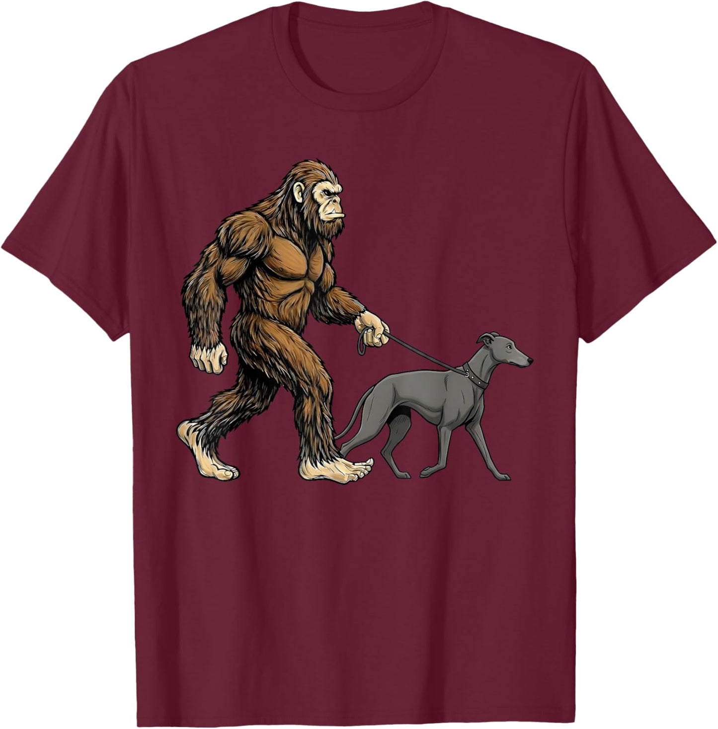 Bigfoot Walking Greyhound Dog Funny Sasquatch T-Shirt - T-Shirt | Maroon