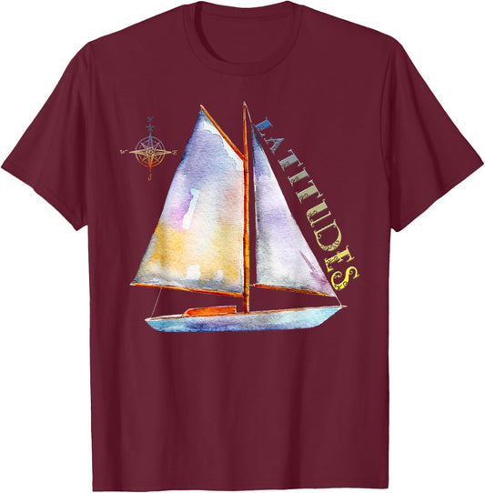 Watercolor Sailboat with Compass and LATITUDES Sailing T-Shirt - T-Shirt | Maroon