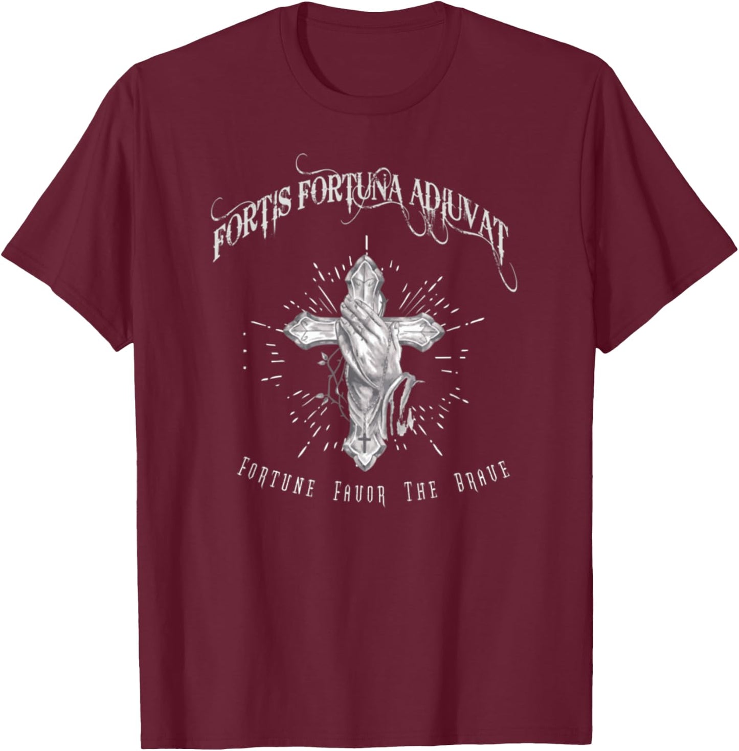 Fortis Fortuna Adiuvat Cross And Hand Tattoo T-Shirt - T-Shirt | Maroon
