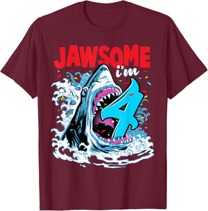 Kids 4th Birthday Shark 4 | Jawsome Four Year Old Bday Gift T-Shirt - T-Shirt | Maroon