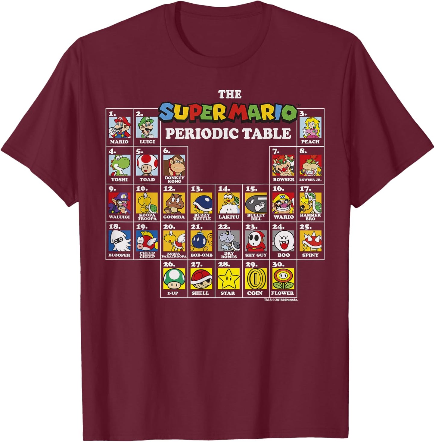 Super Mario Periodic Table Of Characters Graphic T-Shirt - T-Shirt | Maroon