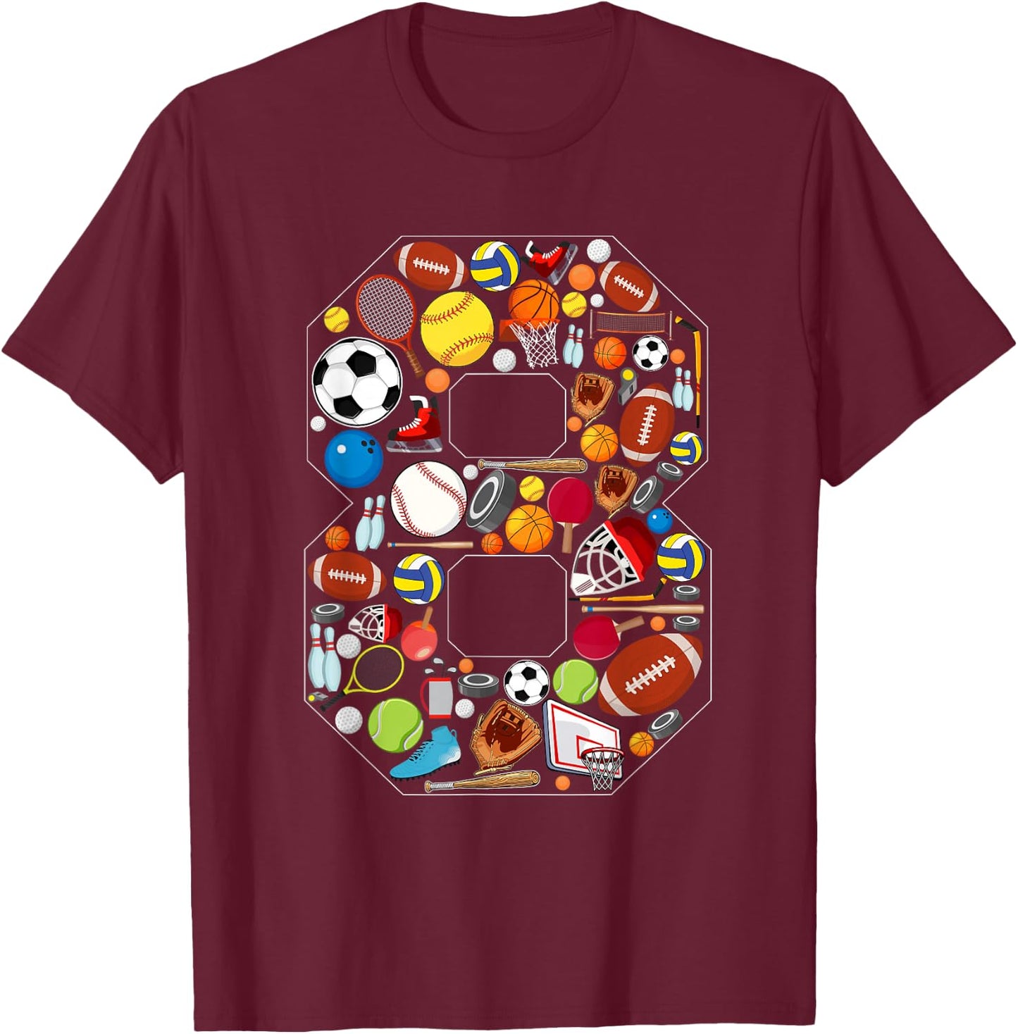 8th Birthday Sports Theme 8 Year Old Boy Girl Birthday T-Shirt - T-Shirt | Maroon