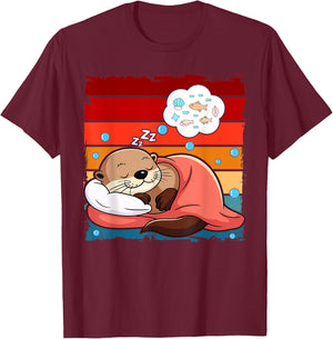 Otter Sleeping Animal Pajamas Nap PJs Outfit Sea Otter T-Shirt - T-Shirt | Maroon