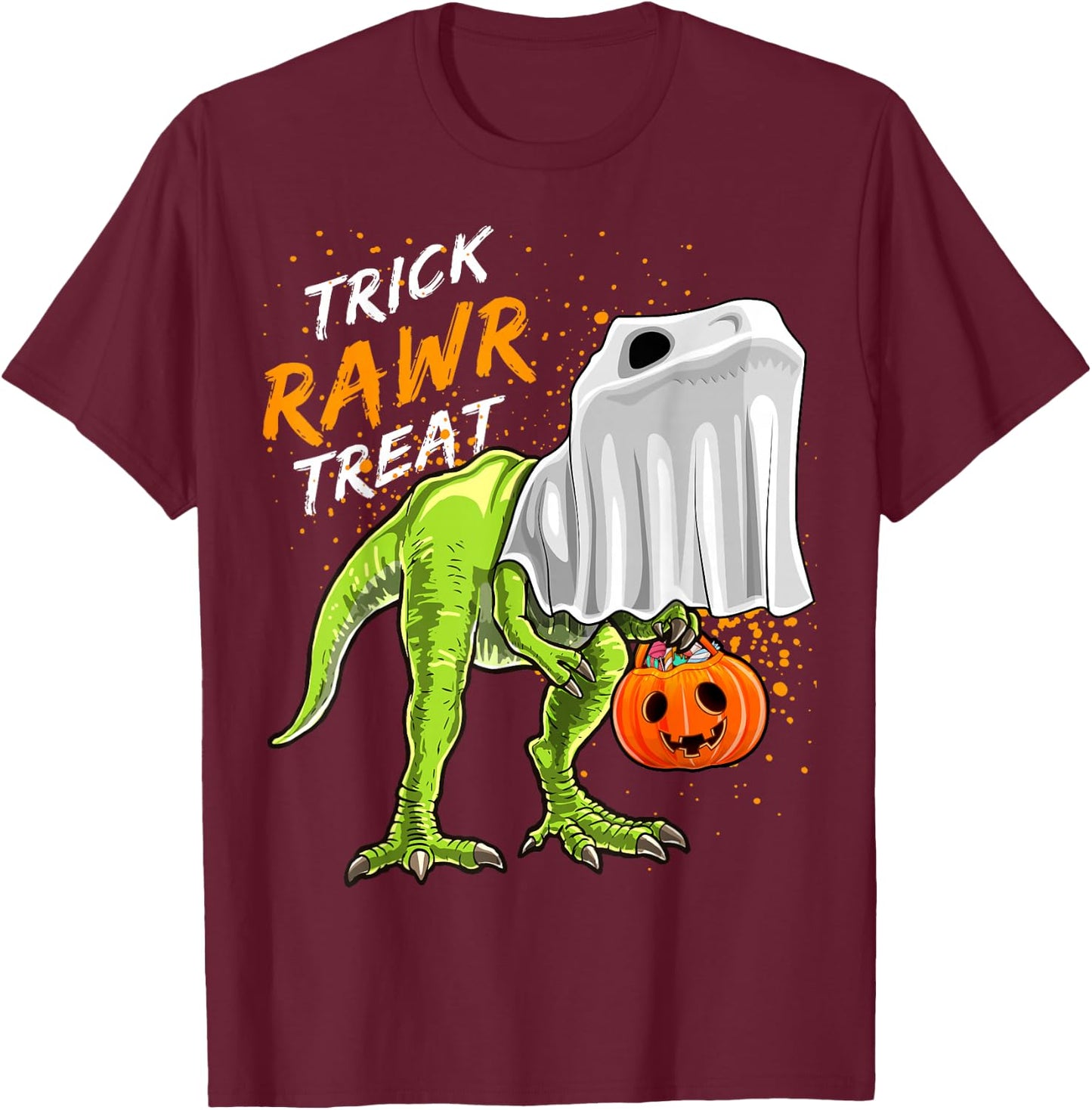 Trick Rawr Treat Halloween T Rex Dinosaur Ghost Gift Boys T-Shirt - T-Shirt | Maroon