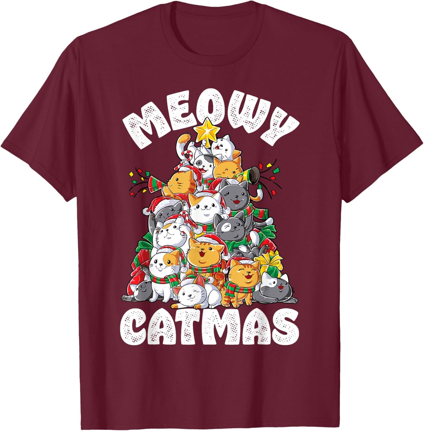 Meowy Catmas Cat Christmas Tree Xmas Girls Boys Funny Santa Short Sleeve T-Shirt - T-Shirt | Maroon