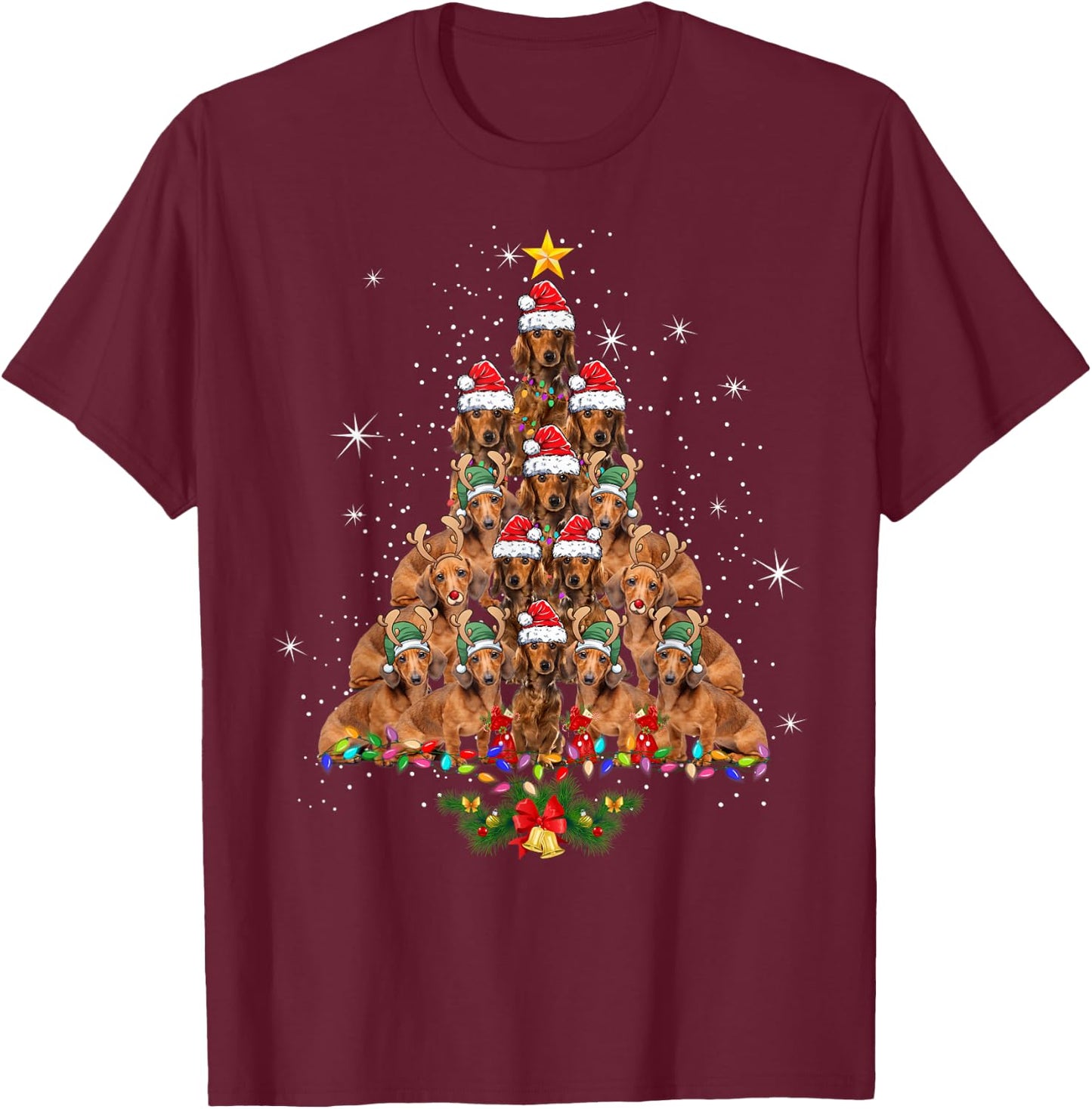 Dachshund Christmas Tree Dog Xmas Lights Pajamas Funny T-Shirt - T-Shirt | Maroon