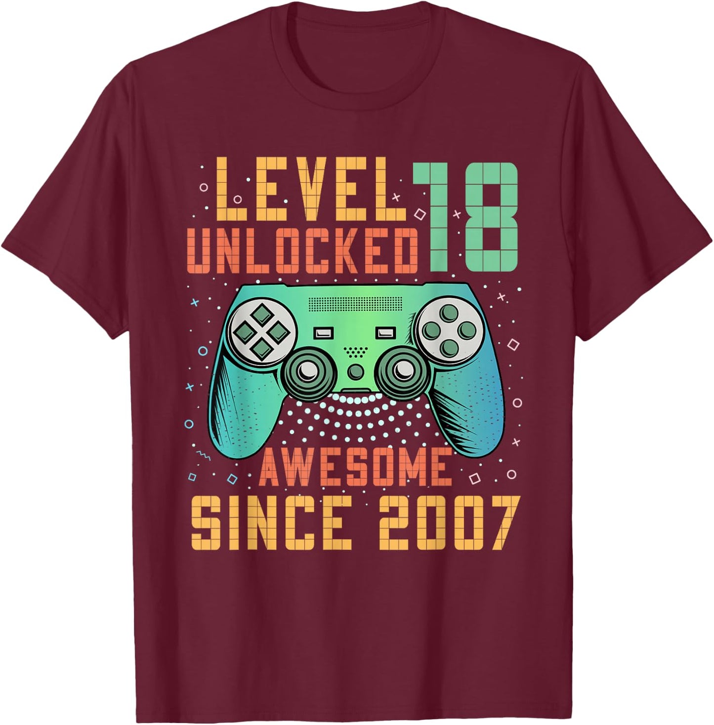 Awesome Since 2007 18 Birthday Boy Gamer Gifts Level 18 Unlocked 18th Birthday Black Gaming T-Shirt - T-Shirt | Maroon