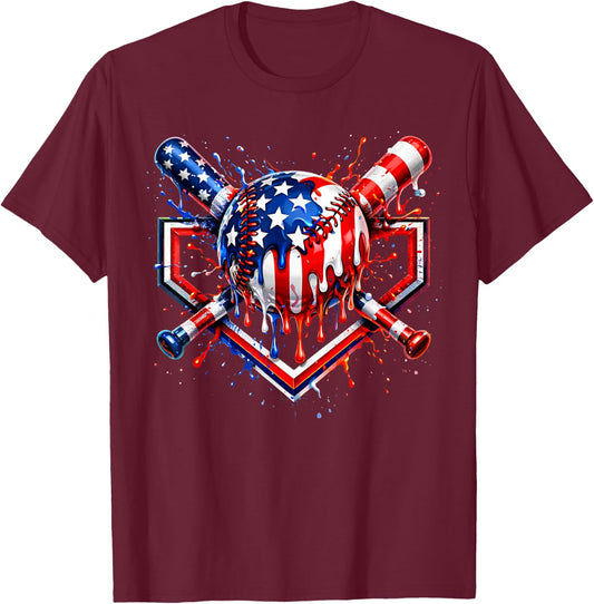 4th of July Baseball Drip American Flag Baseball 4th of July T-Shirt - T-Shirt | Maroon