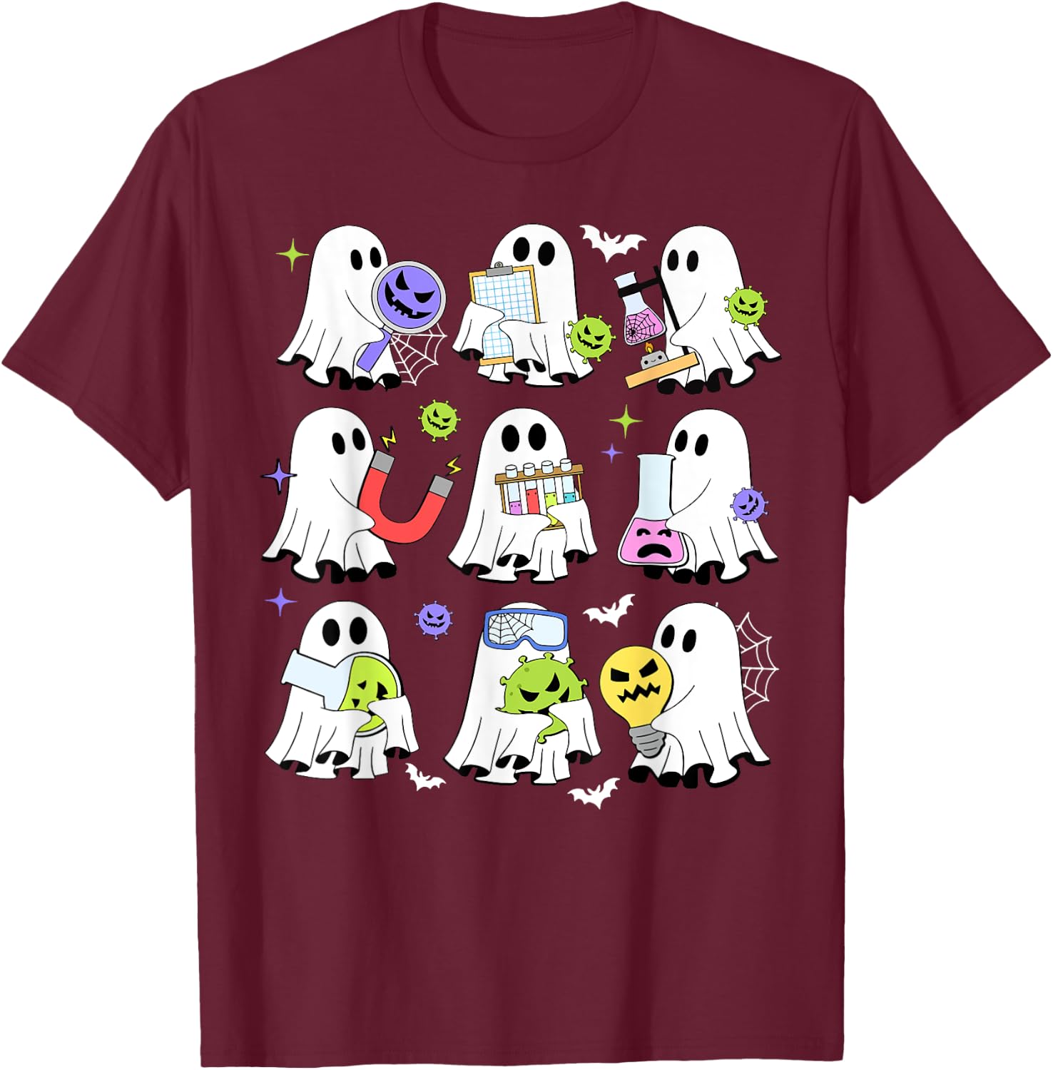 Retro Halloween Science Teacher Ghost Laboratory Teacher T-Shirt - T-Shirt | Maroon