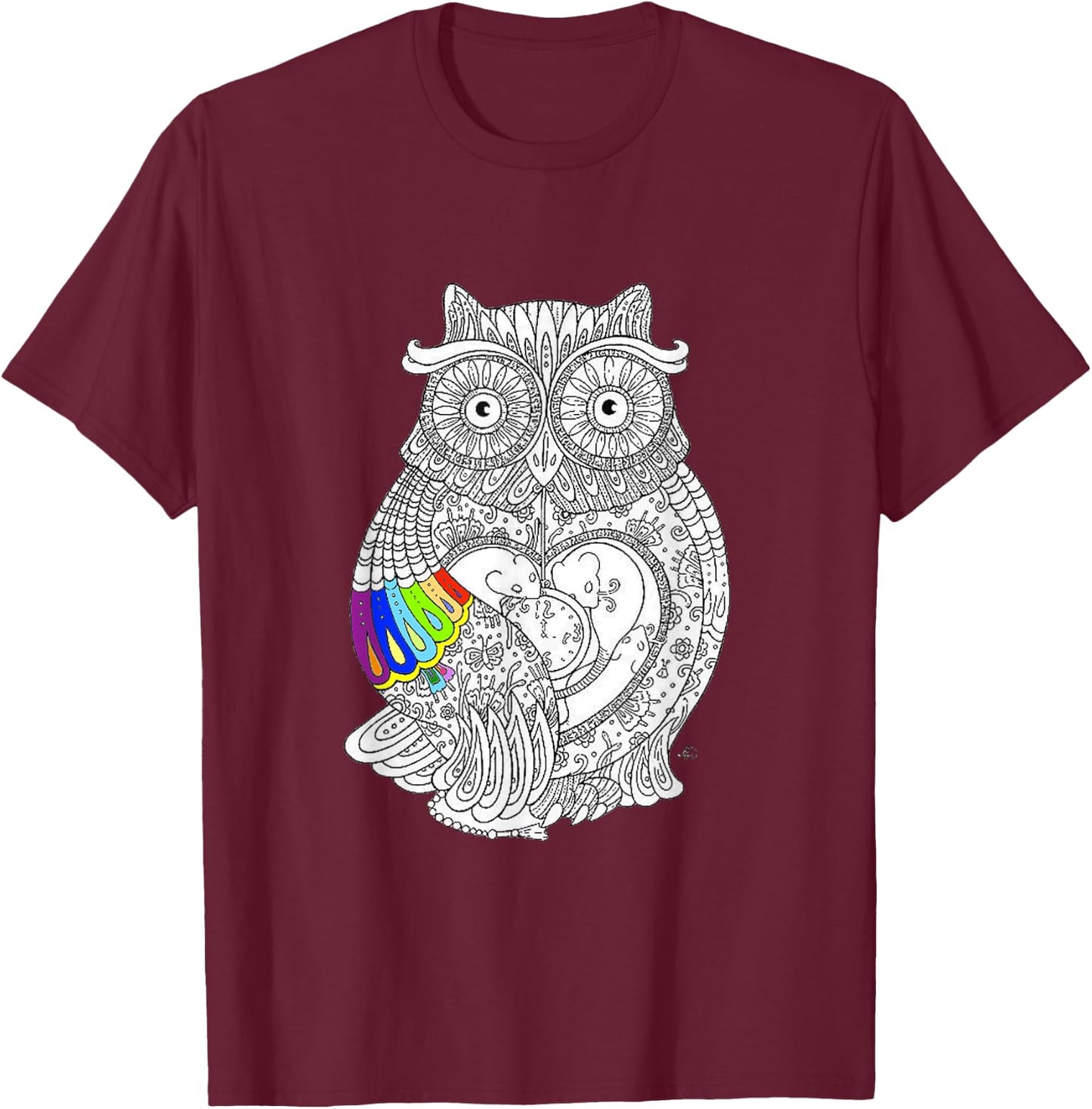 Owl coloring t shirt - adult coloring books t shirt T-Shirt - T-Shirt | Maroon