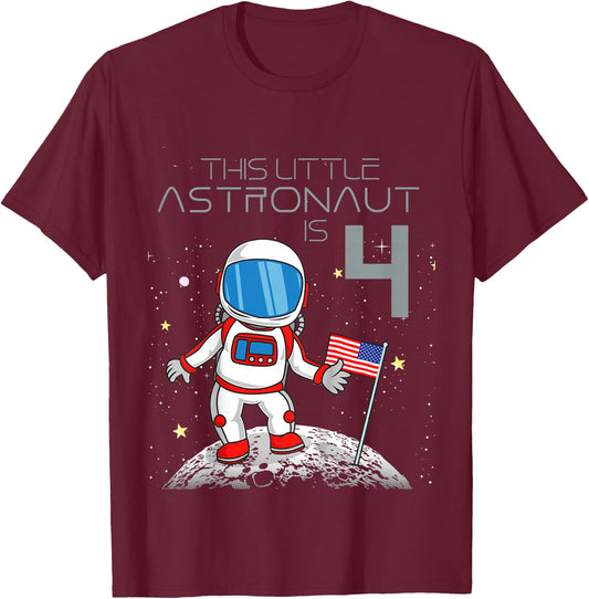 Kids 4th Birthday Astronaut Shirt Boys Gift 4 Year Old Space Geek T-Shirt - T-Shirt | Maroon