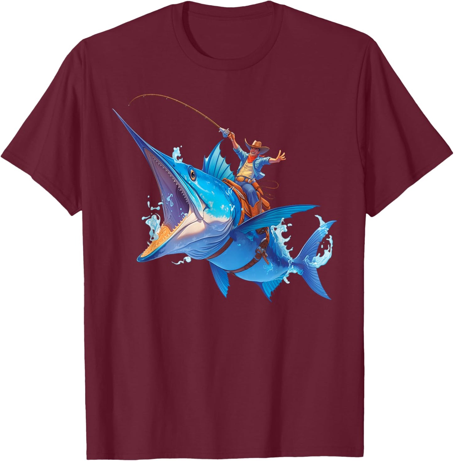 Cool Epic Cowboy Riding a Giant Fish Adventure T-Shirt - T-Shirt | Maroon
