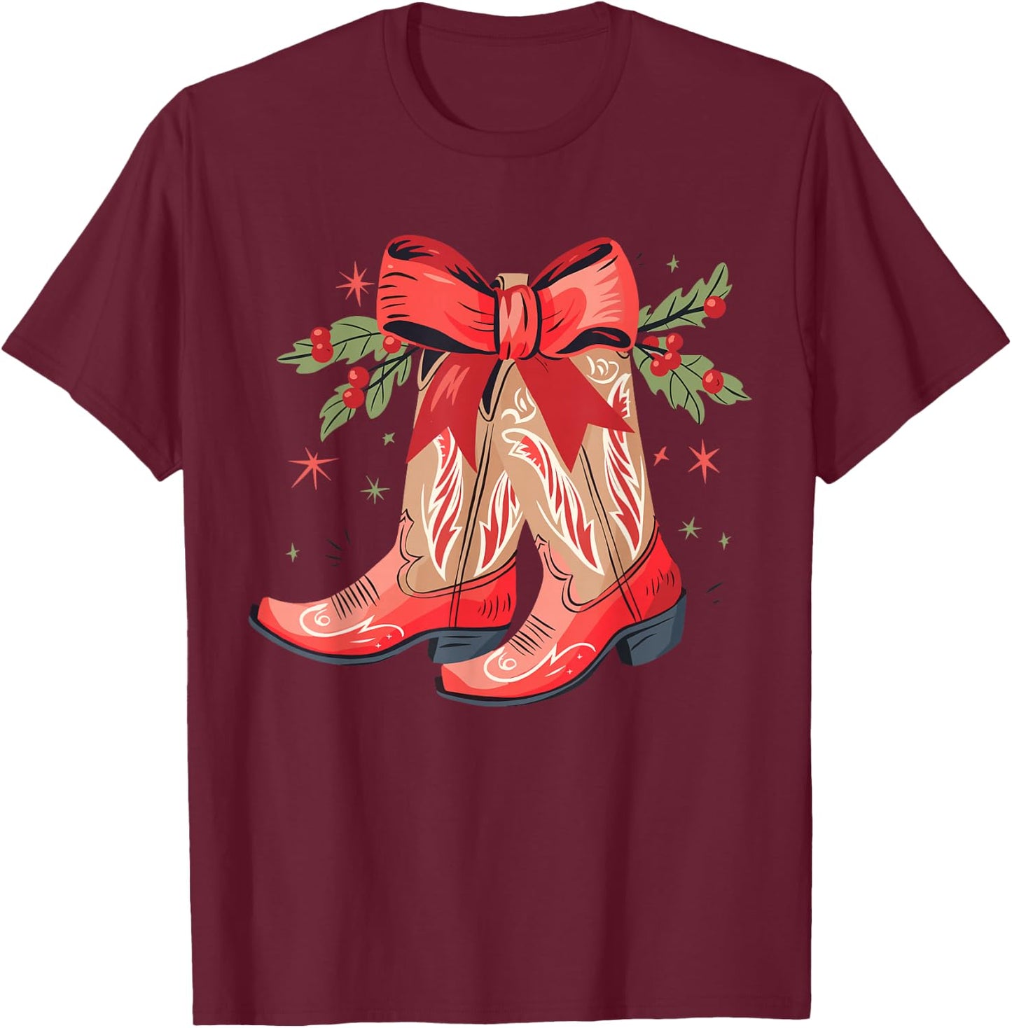 Merry And Bright Cowgirl Boot Christmas Western Cowboy T-Shirt - T-Shirt | Maroon