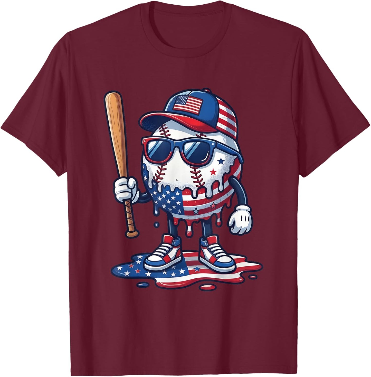 Baseball Drip Ice Cream Boys 4th of July American USA Flag T-Shirt - T-Shirt | Maroon