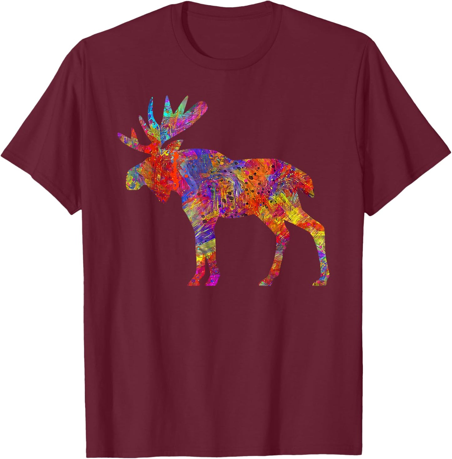 Colorful Canadian Moose Abstract Paint Wildlife T-Shirt - T-Shirt | Maroon