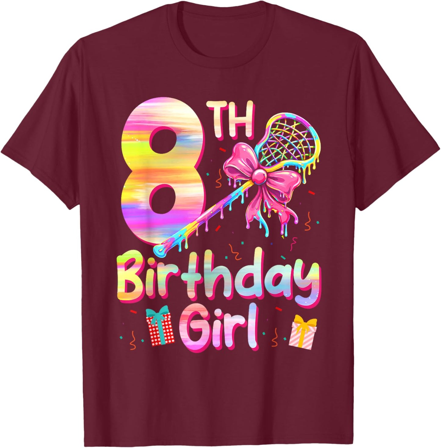 8th Lax Birthday Lacrosse Ice Cream Drip 8 Years Girl T-Shirt - T-Shirt | Maroon