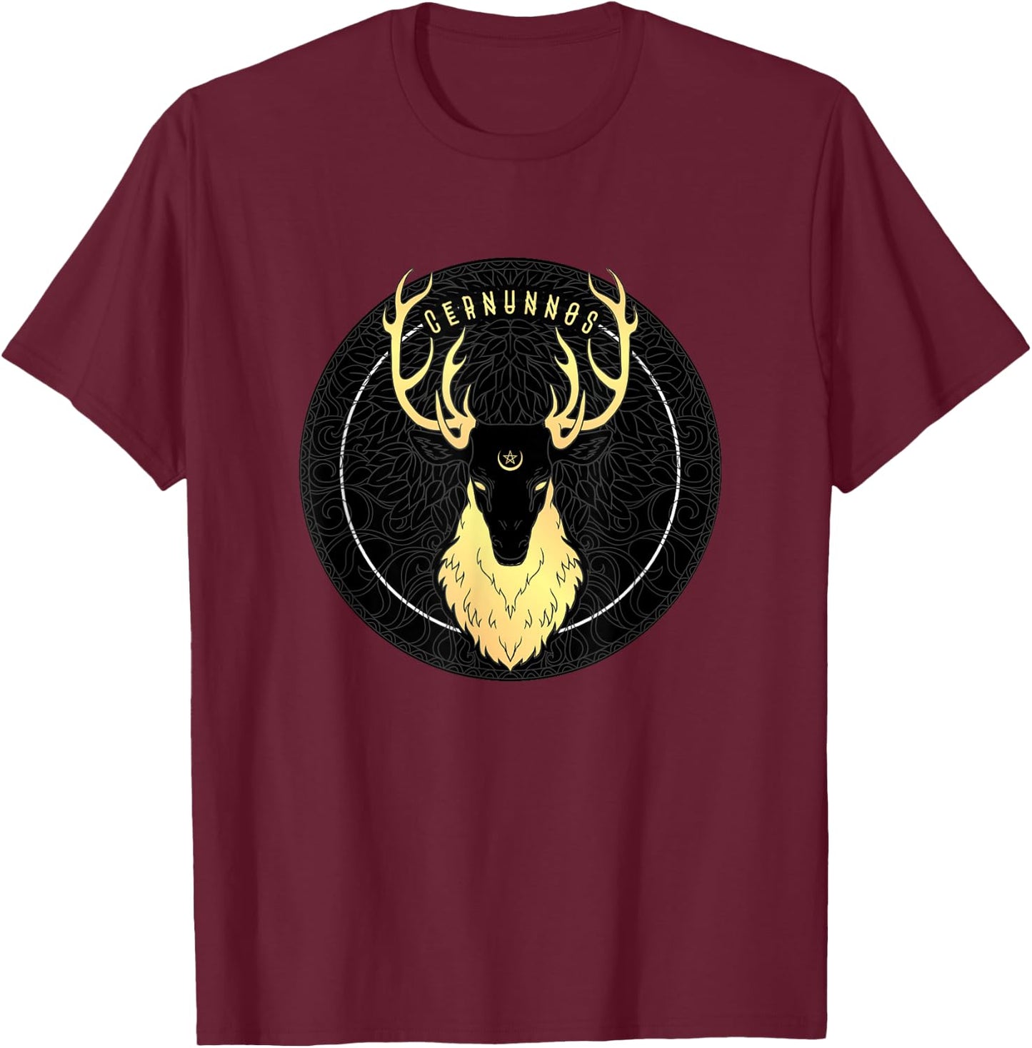 Cernunnos Celtic Pagan Horned Stag Forest God with Pentagram T-Shirt - T-Shirt | Maroon