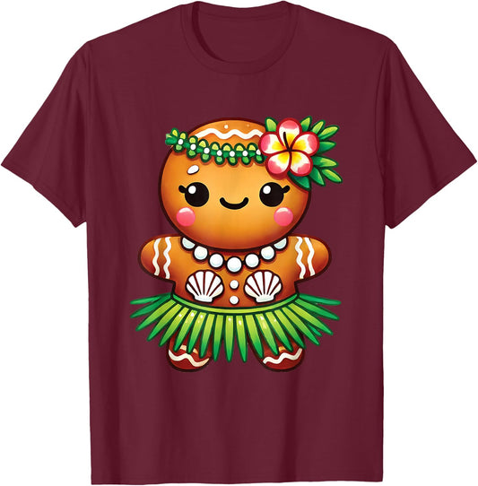 Cute Hawaiian Gingerbread Hula Cookie Christmas Kids Girls T-Shirt - T-Shirt | Maroon