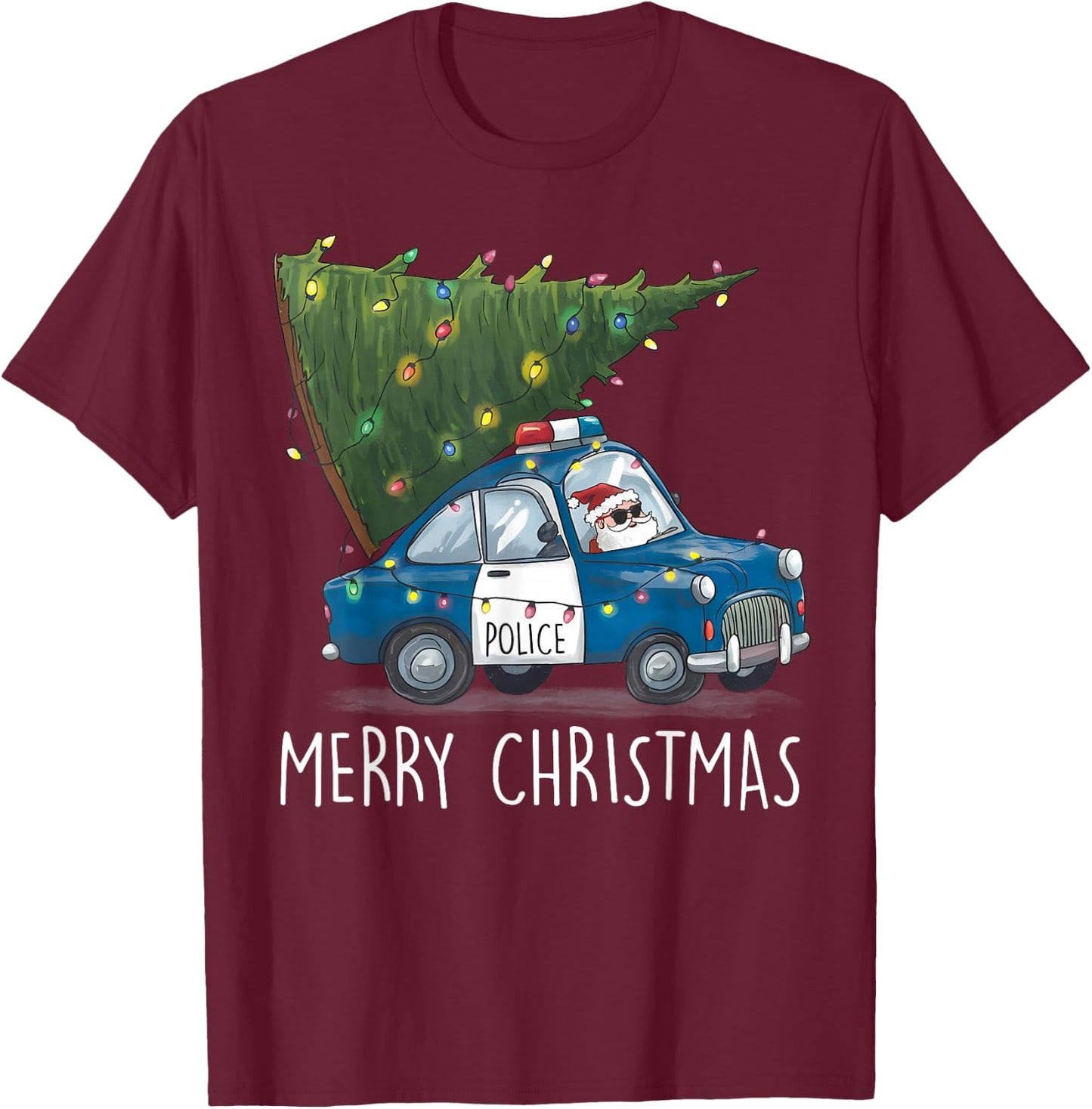 Merry Christmas Police Car Xmas Tree Police Officers Boys T-Shirt - T-Shirt | Maroon