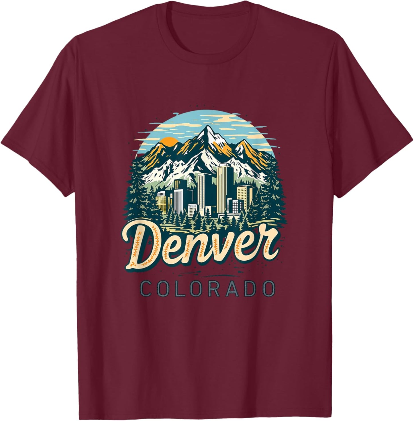 Vintage Denver Colorado Sunset Skyline Cityscape Retro T-Shirt - T-Shirt | Maroon