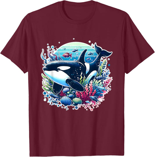 Orca Beautiful Whale Sea Animal Graphic Orca T-Shirt - T-Shirt | Maroon