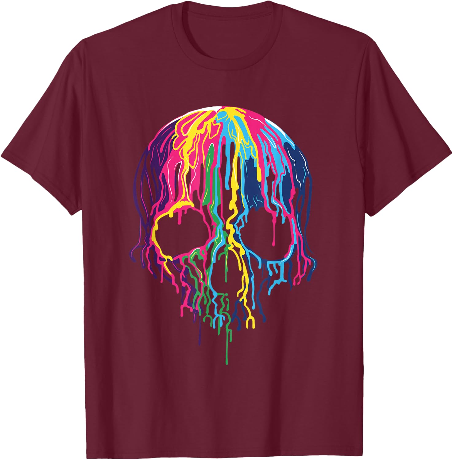 Colorful Melting Skull Art Graphic Halloween T-Shirt - T-Shirt | Maroon
