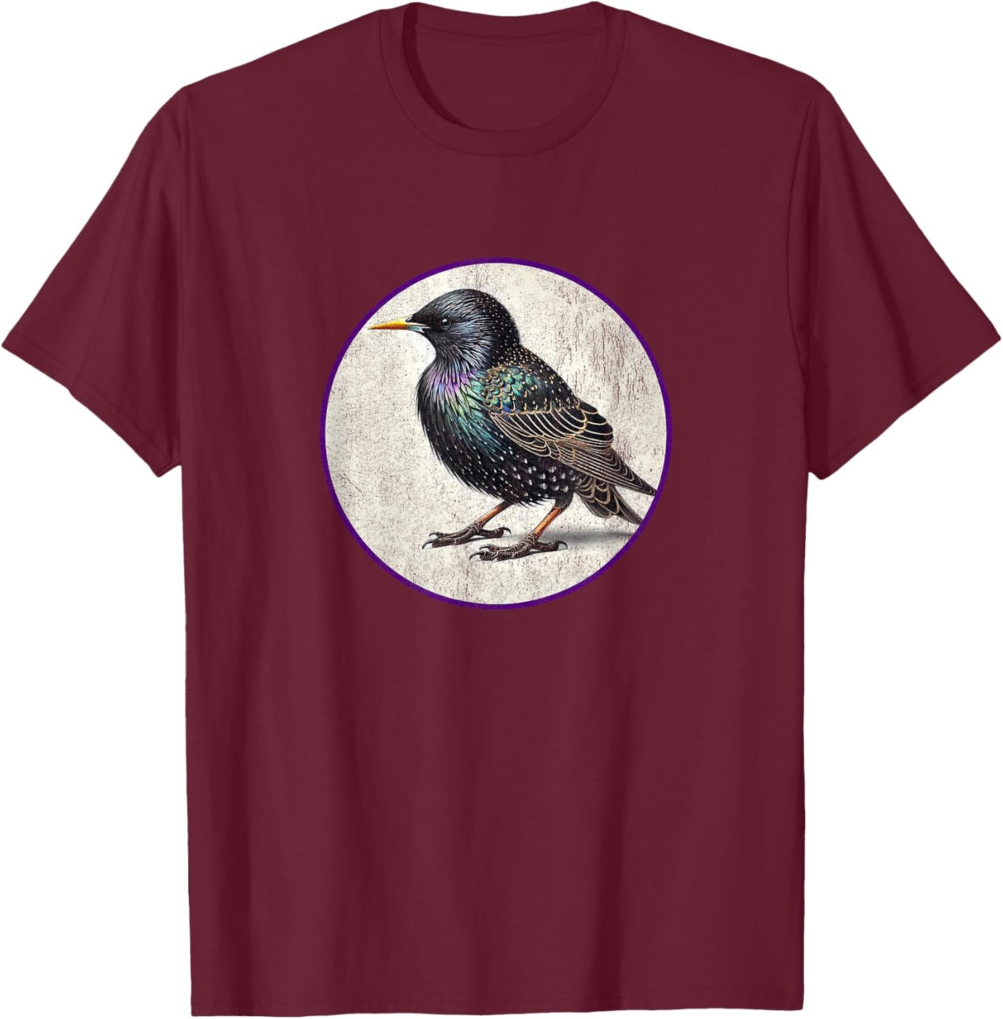 Colorful Retro European Starling Bird Design T-Shirt - T-Shirt | Maroon