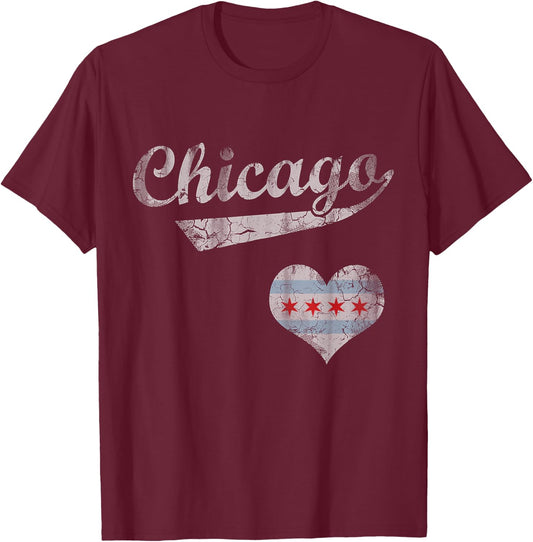 Chicago Flag Heart Love Vintage Distressed Small T-Shirt - T-Shirt | Maroon