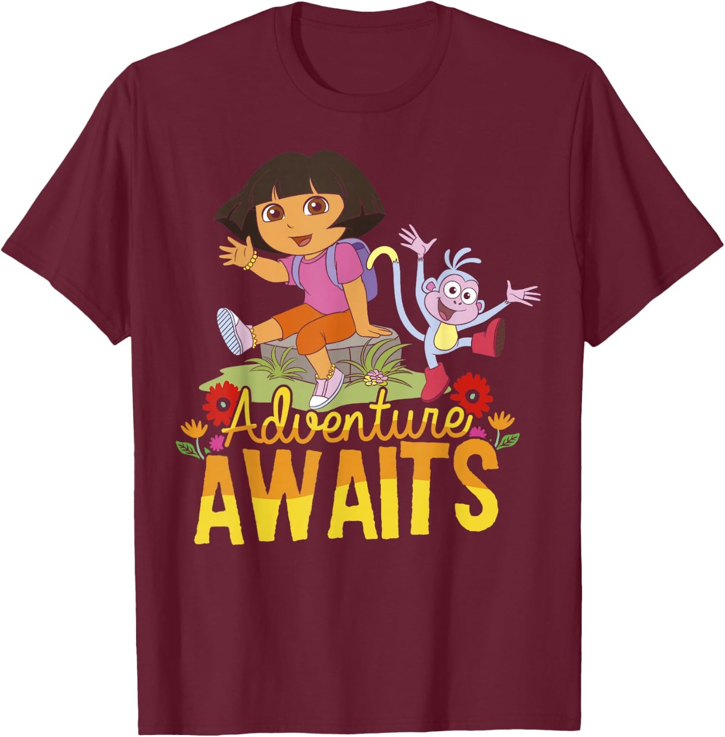 Dora The Explorer Adventure Awaits Dora and Boots Portrait Small T-Shirt - T-Shirt | Maroon