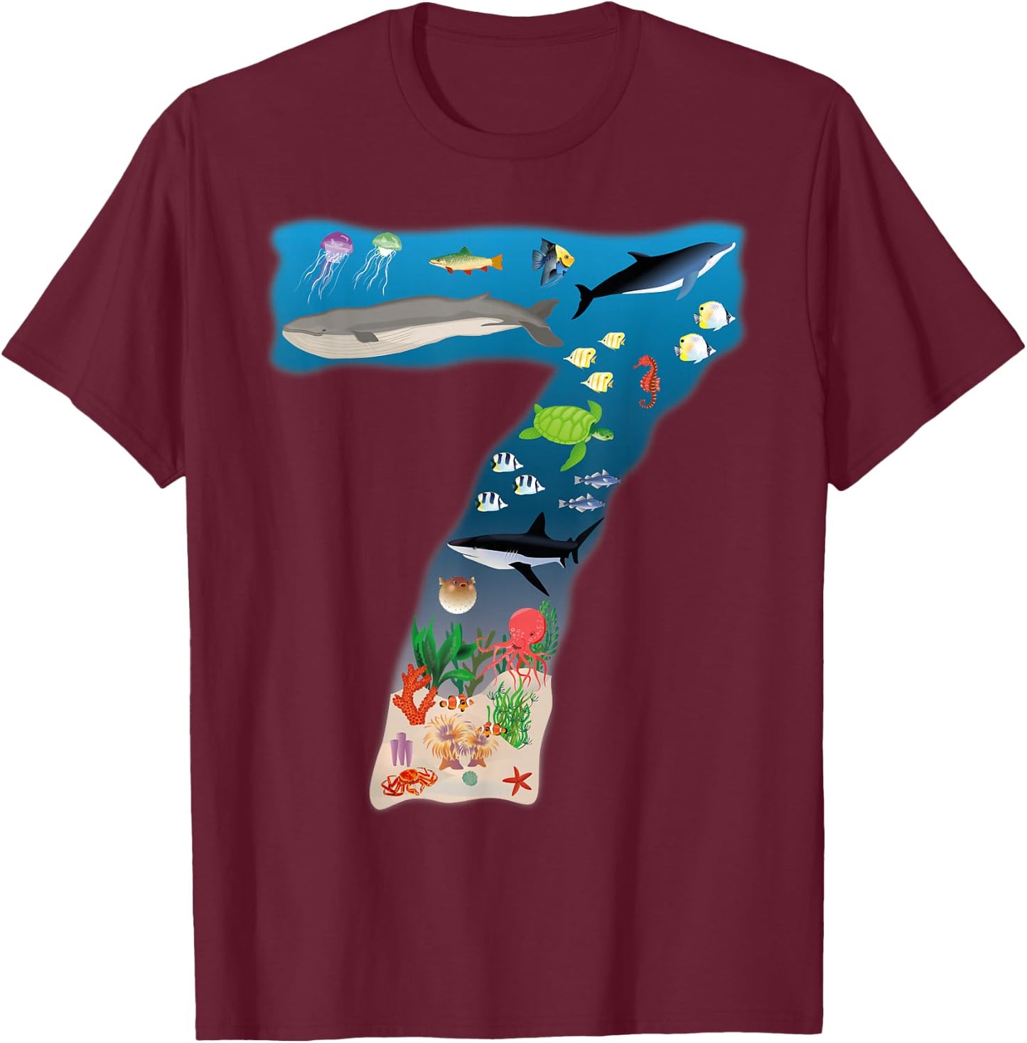 Under Sea REALISTIC Fish Starfish Seventh number 7 T-Shirt - T-Shirt | Maroon