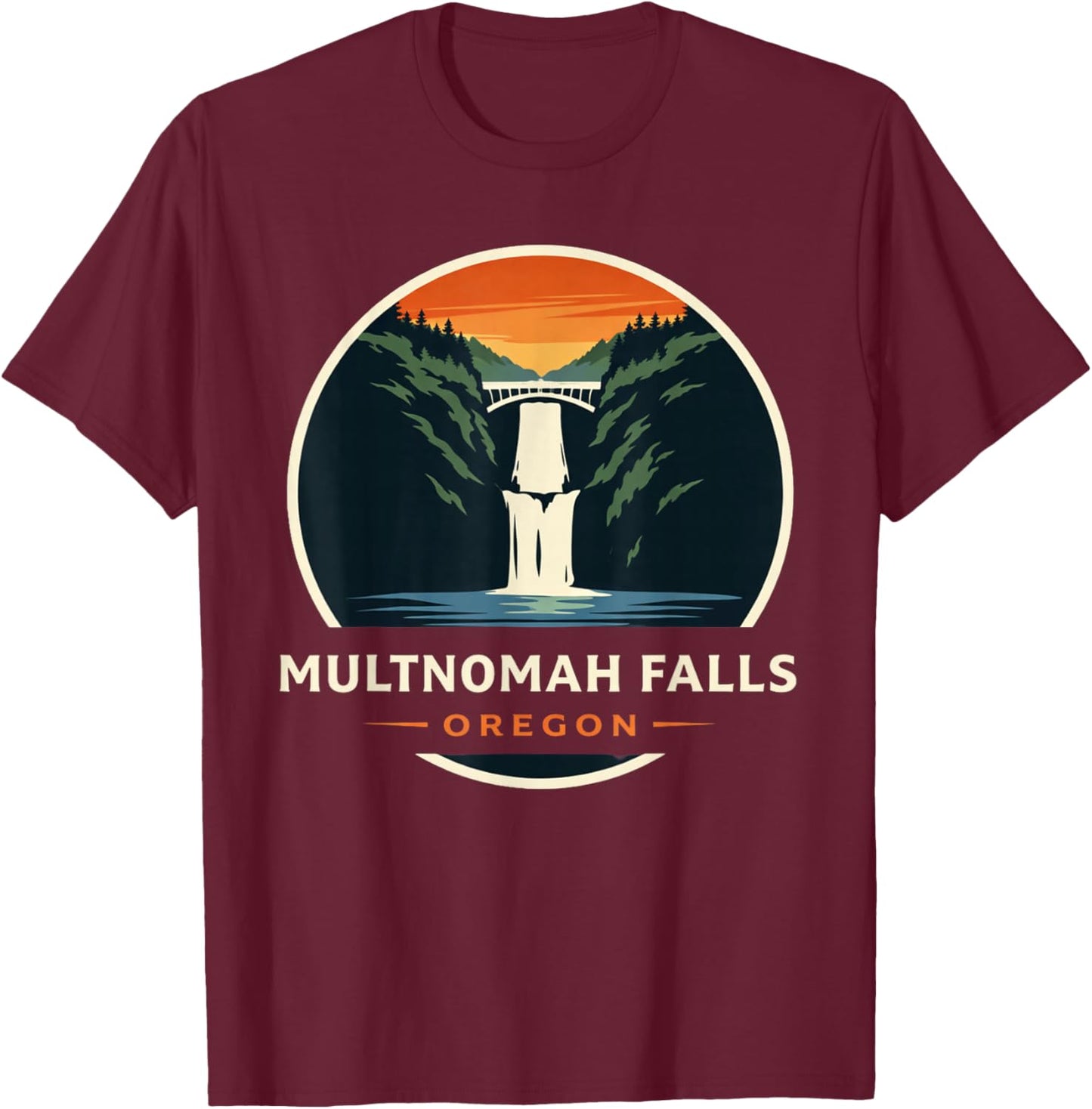 Multnomah Falls, Oregon, Sunset Illustration T-Shirt - T-Shirt | Maroon