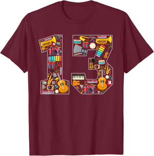 13th Birthday Musical Instruments Theme 13 Year Old Party T-Shirt - T-Shirt | Maroon