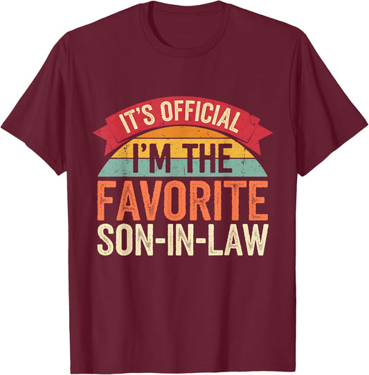 Funny Family It's Official I'm The Favorite Son-In-Law -Adult Black Small Modern Classic Short Sleeve T-Shirt - T-Shirt | Maroon